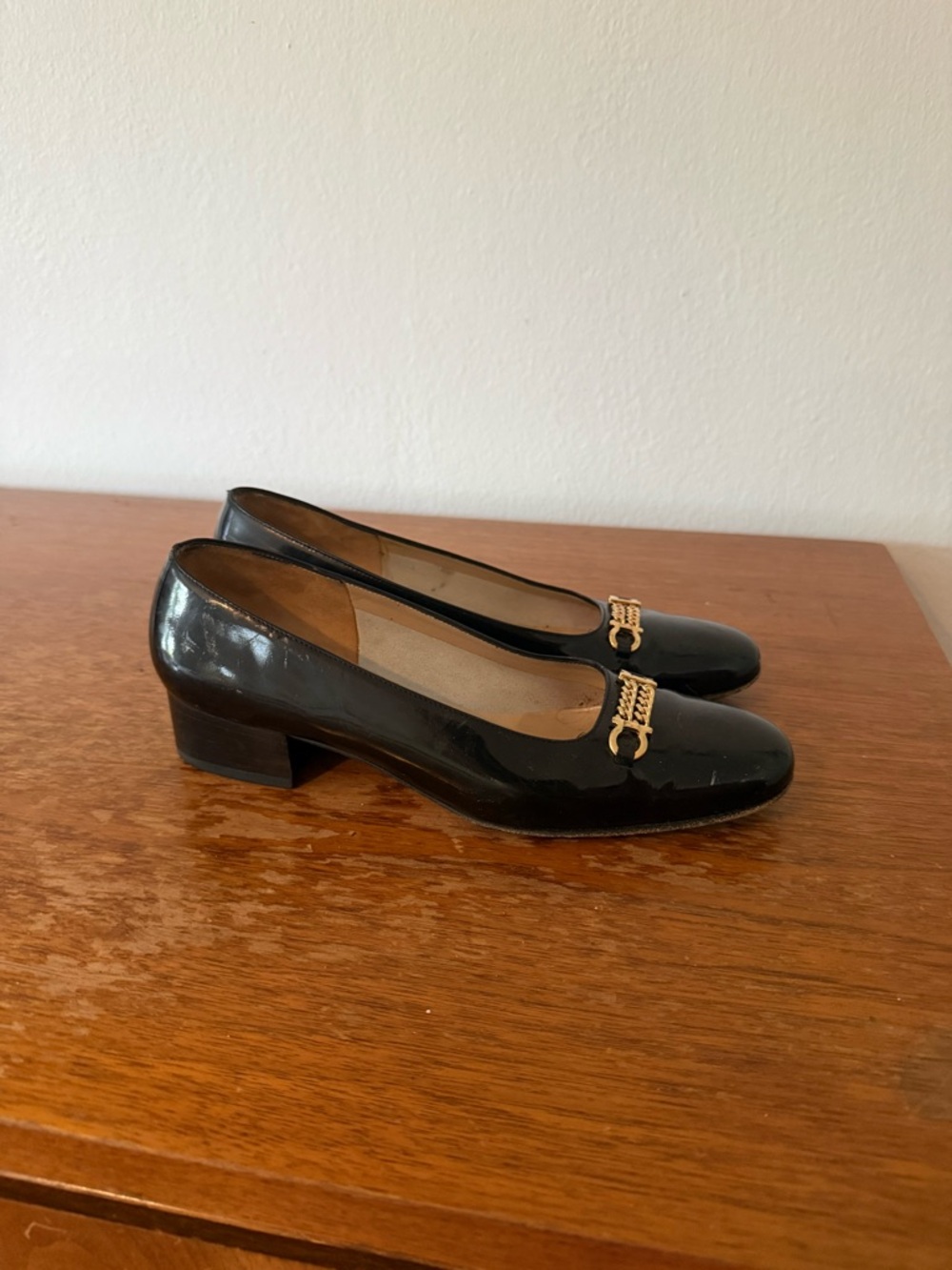 Salvatore Ferragamo Black Patent Low Block Heel Pumps with Gold Hardware